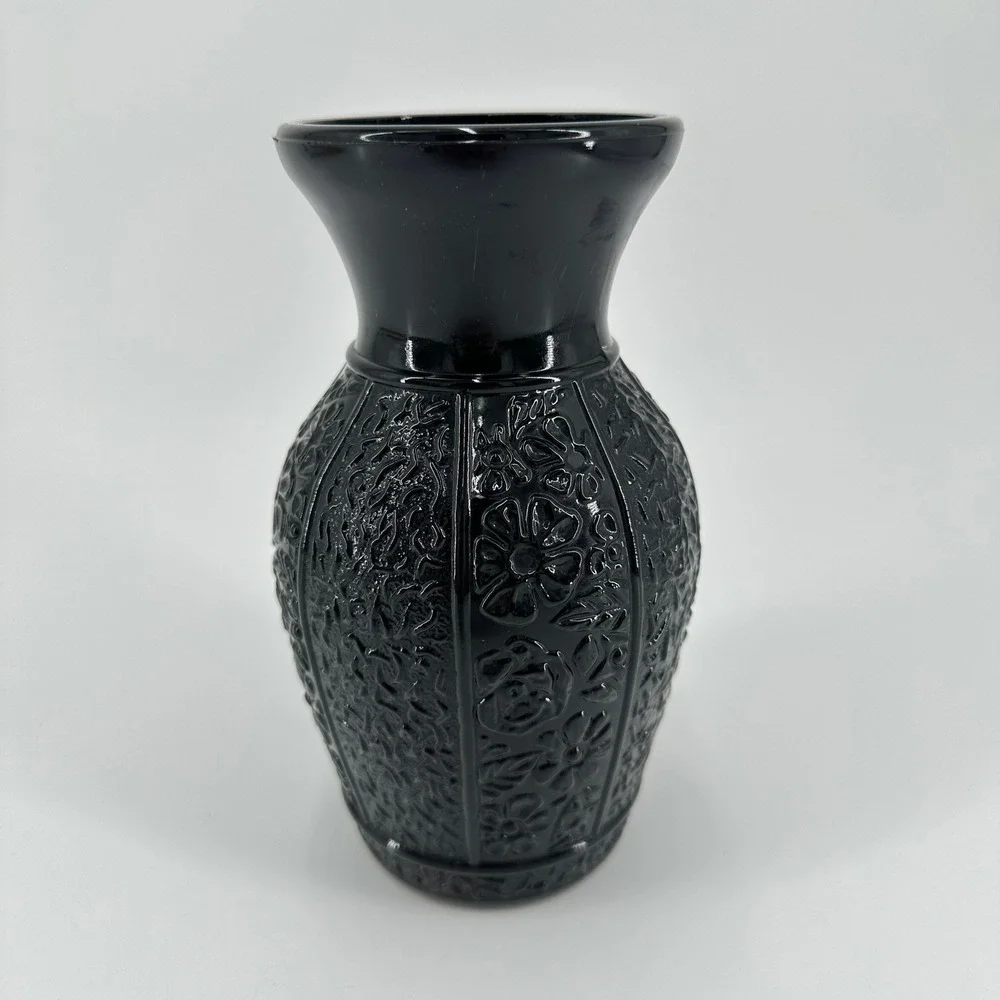 LE Smith Black Amethyst Glass Floral Embossed Vase Vintage Pressed Glass